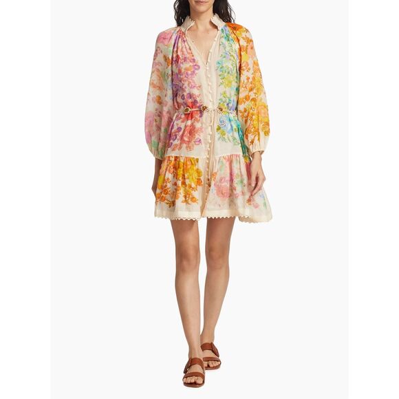 NWT Zimmermann Floral Tiered Long Sleeve Raie Lantern Mini Dress Size 2/US8 $795 - Picture 2 of 12